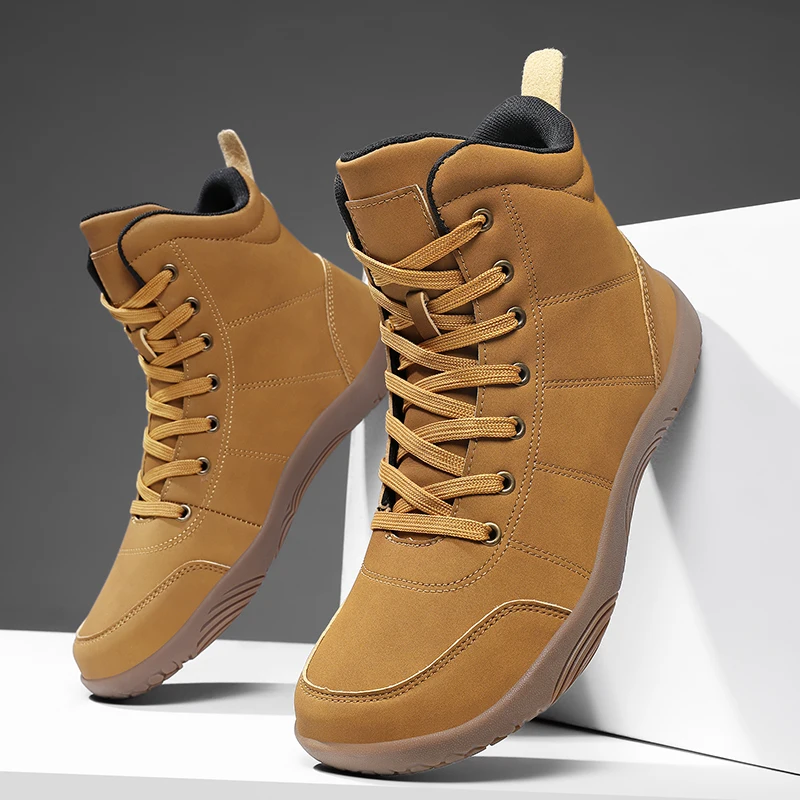 Outdoor Leather Men Ankle Boots Minimalist Men Hiking Shoes Zero Soles Wide Toe Barefoot Boots Winter Couple Walking Sneakers