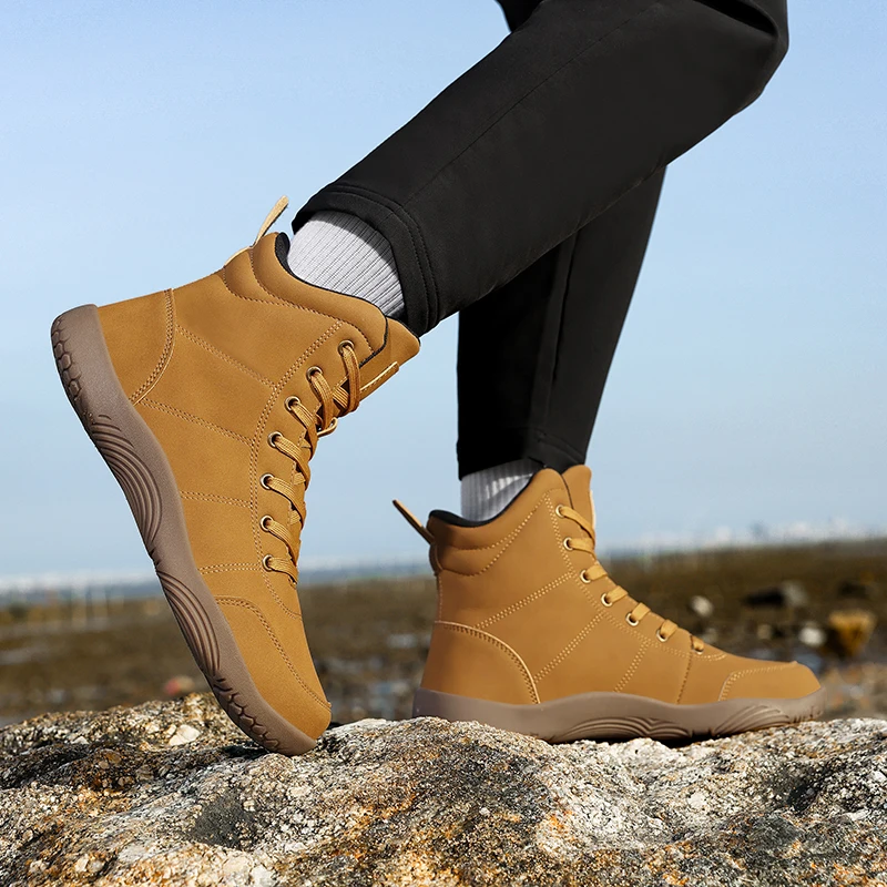 Outdoor Leather Men Ankle Boots Minimalist Men Hiking Shoes Zero Soles Wide Toe Barefoot Boots Winter Couple Walking Sneakers