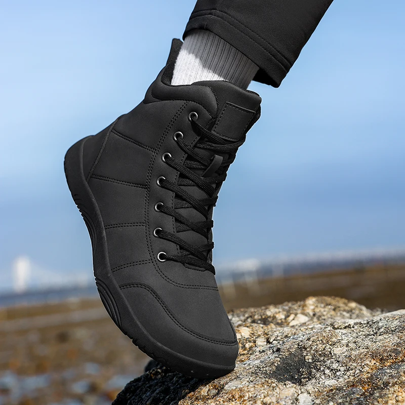 Outdoor Leather Men Ankle Boots Minimalist Men Hiking Shoes Zero Soles Wide Toe Barefoot Boots Winter Couple Walking Sneakers