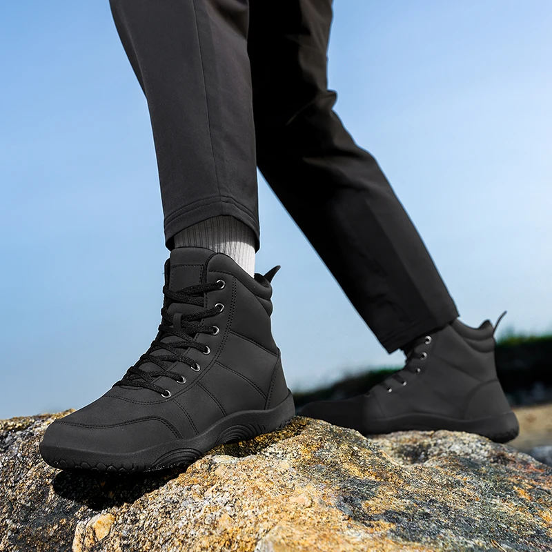 Outdoor Leather Men Ankle Boots Minimalist Men Hiking Shoes Zero Soles Wide Toe Barefoot Boots Winter Couple Walking Sneakers
