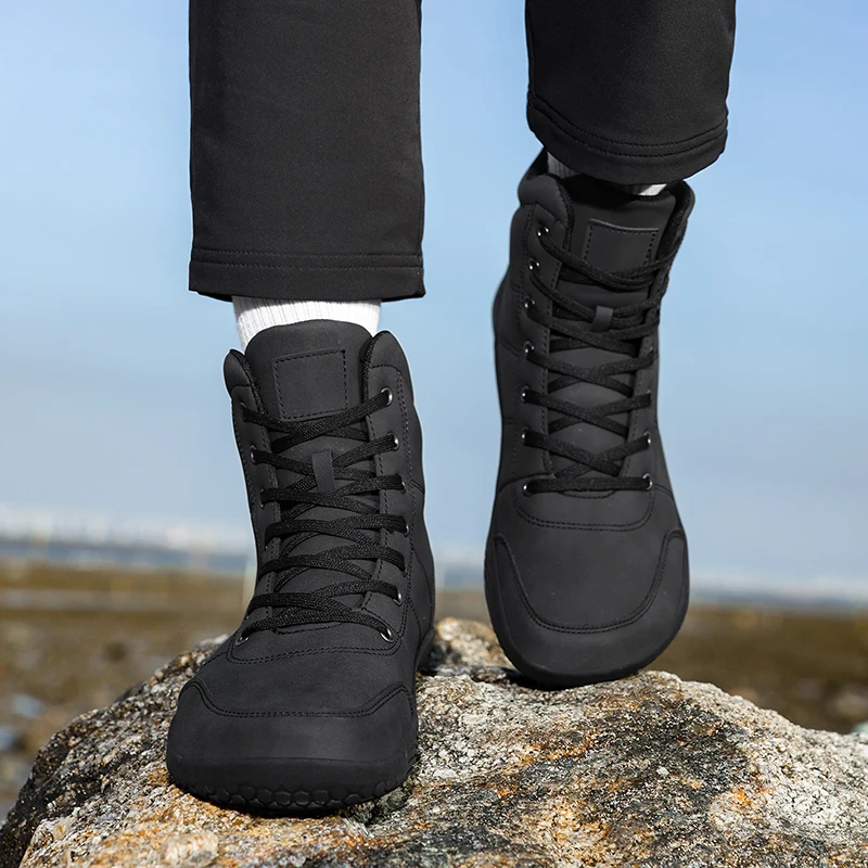 Outdoor Leather Men Ankle Boots Minimalist Men Hiking Shoes Zero Soles Wide Toe Barefoot Boots Winter Couple Walking Sneakers