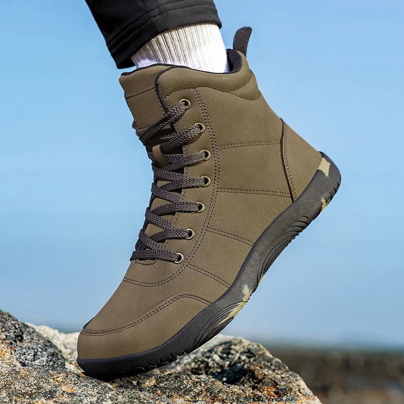 Outdoor Leather Men Ankle Boots Minimalist Men Hiking Shoes Zero Soles Wide Toe Barefoot Boots Winter Couple Walking Sneakers