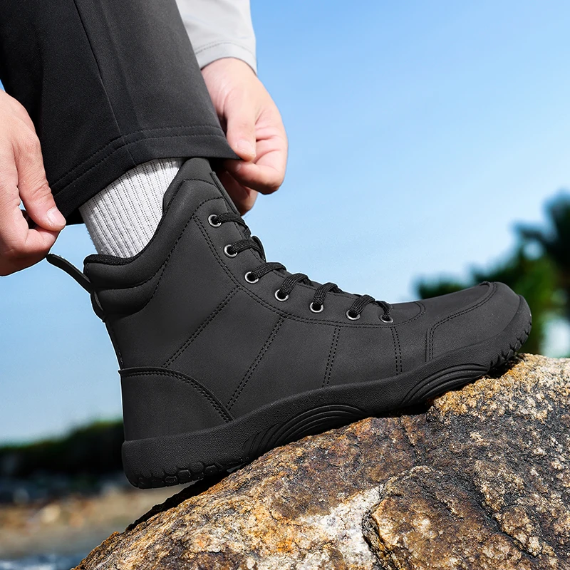 Outdoor Leather Men Ankle Boots Minimalist Men Hiking Shoes Zero Soles Wide Toe Barefoot Boots Winter Couple Walking Sneakers