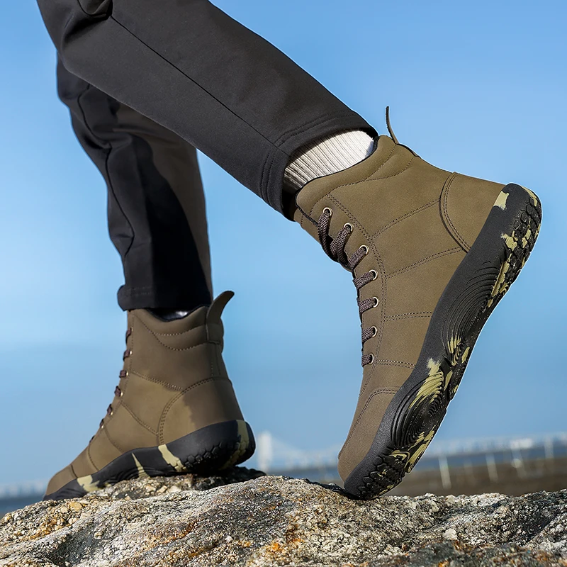 Outdoor Leather Men Ankle Boots Minimalist Men Hiking Shoes Zero Soles Wide Toe Barefoot Boots Winter Couple Walking Sneakers