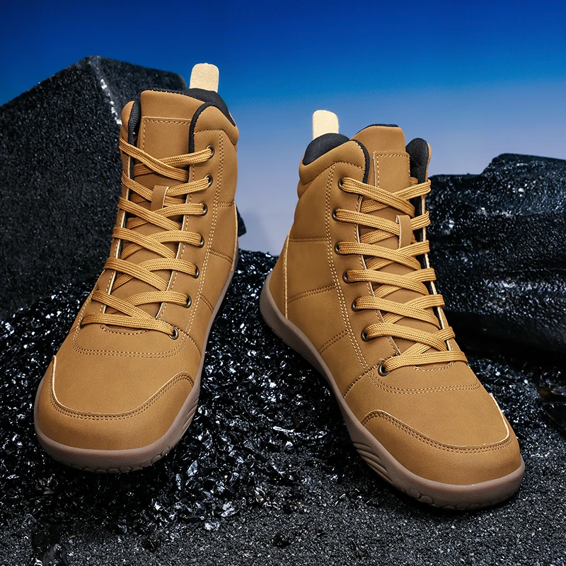 Outdoor Leather Men Ankle Boots Minimalist Men Hiking Shoes Zero Soles Wide Toe Barefoot Boots Winter Couple Walking Sneakers