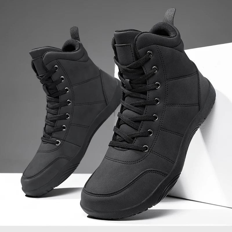 Outdoor Leather Men Ankle Boots Minimalist Men Hiking Shoes Zero Soles Wide Toe Barefoot Boots Winter Couple Walking Sneakers