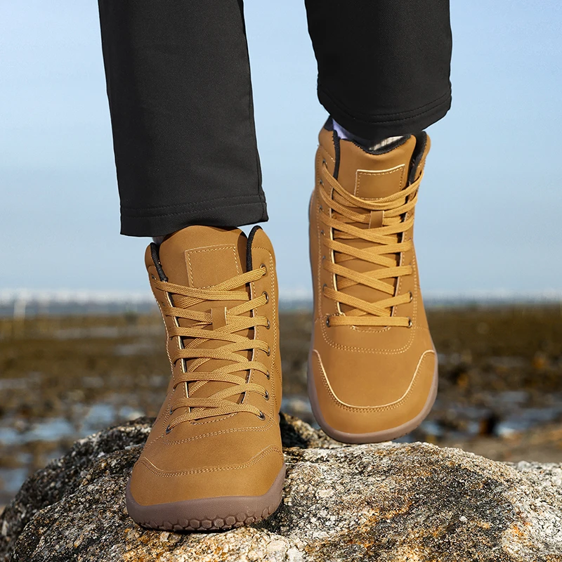Outdoor Leather Men Ankle Boots Minimalist Men Hiking Shoes Zero Soles Wide Toe Barefoot Boots Winter Couple Walking Sneakers