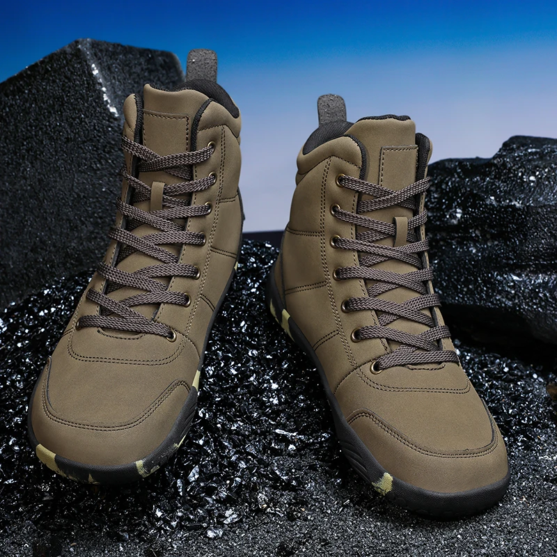 Outdoor Leather Men Ankle Boots Minimalist Men Hiking Shoes Zero Soles Wide Toe Barefoot Boots Winter Couple Walking Sneakers