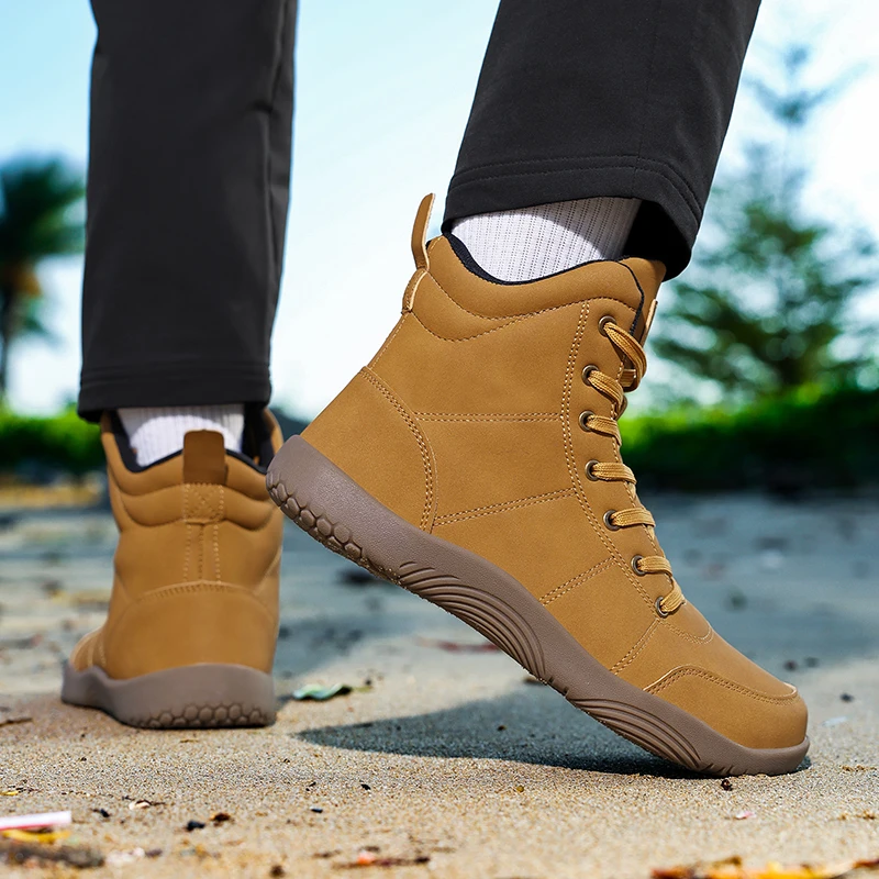 Outdoor Leather Men Ankle Boots Minimalist Men Hiking Shoes Zero Soles Wide Toe Barefoot Boots Winter Couple Walking Sneakers