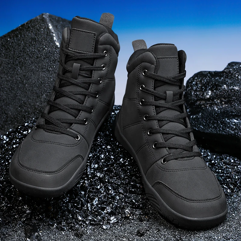 Outdoor Leather Men Ankle Boots Minimalist Men Hiking Shoes Zero Soles Wide Toe Barefoot Boots Winter Couple Walking Sneakers