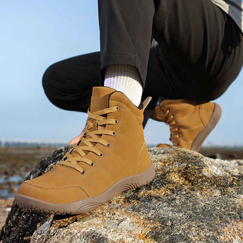 Outdoor Leather Men Ankle Boots Minimalist Men Hiking Shoes Zero Soles Wide Toe Barefoot Boots Winter Couple Walking Sneakers