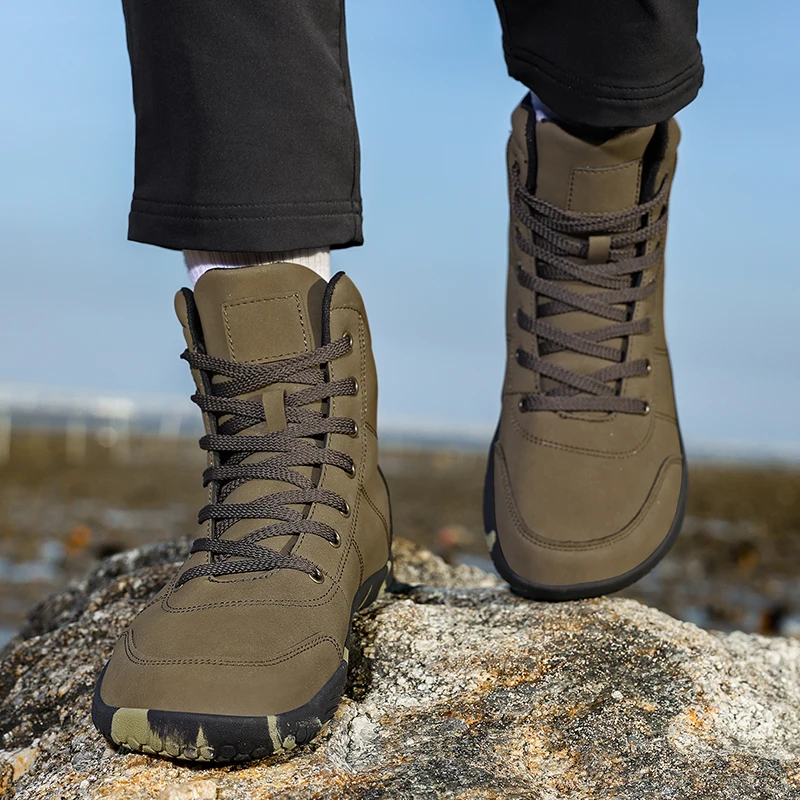 Outdoor Leather Men Ankle Boots Minimalist Men Hiking Shoes Zero Soles Wide Toe Barefoot Boots Winter Couple Walking Sneakers