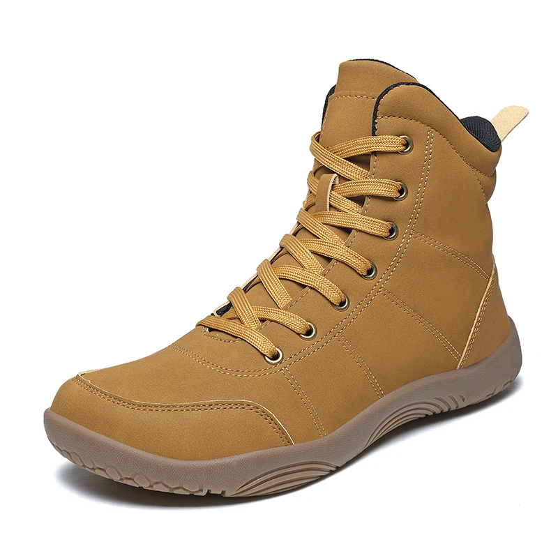 Outdoor Leather Men Ankle Boots Minimalist Men Hiking Shoes Zero Soles Wide Toe Barefoot Boots Winter Couple Walking Sneakers