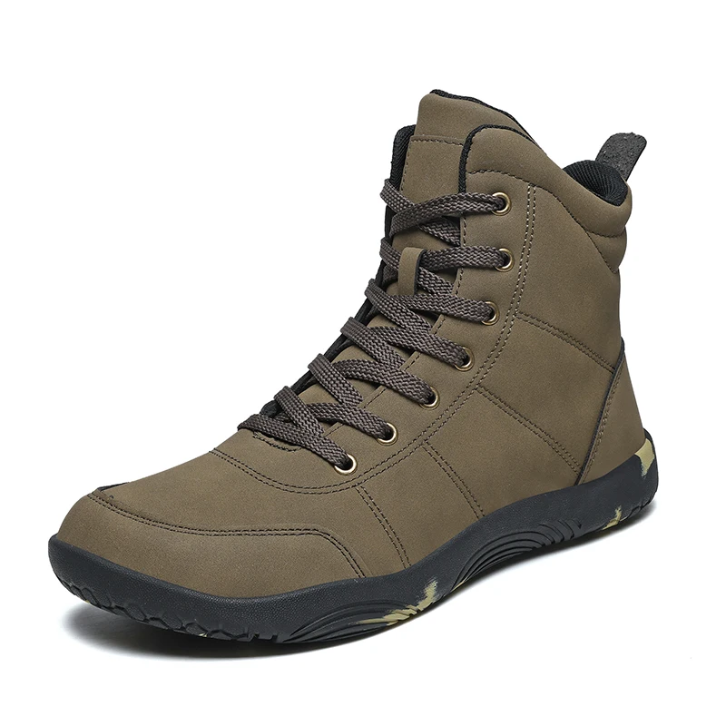 Outdoor Leather Men Ankle Boots Minimalist Men Hiking Shoes Zero Soles Wide Toe Barefoot Boots Winter Couple Walking Sneakers